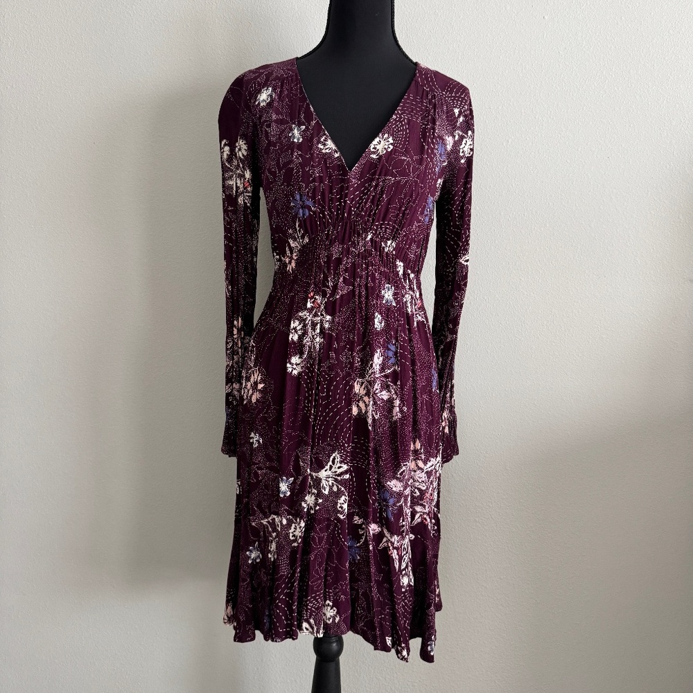 Anthropologie Maeve Merlot Floral Long Sleeve Monaco Dress Size XS - Picture 5 of 9